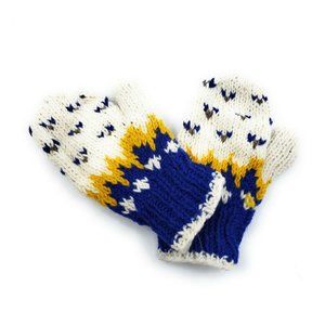 Hand Knit Wool Mittens Fleece Lined Made in Nepal Blue & White with Yellow